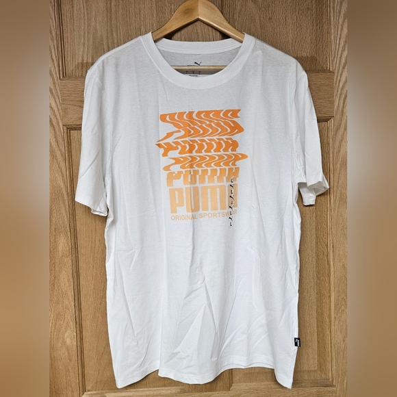 Puma Men's White and Orange‎ Graphic T-Shirt Large - Picture 1 of 5